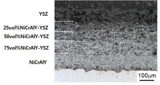 APS NiCrAlY/YSZ FGM-TBC의 광학 현미경 미세조직.