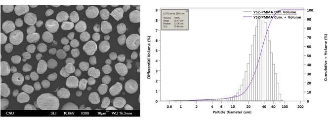 PMMA-YSZ 분말의 형상과 입도 분석 결과.