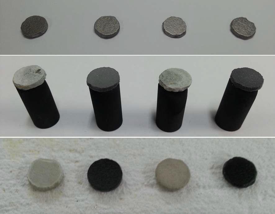Images of ZrB2 composites specimen(top : before test, middle : after torch test, bottom : after furnace test)