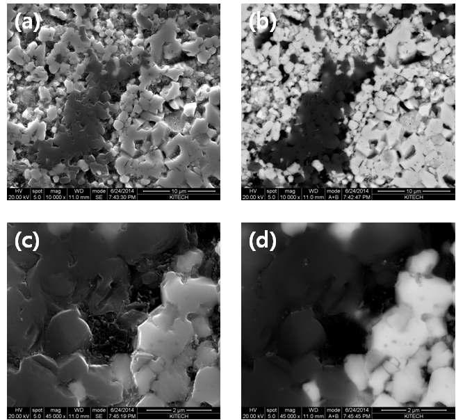 (a) SEM image of 30NP after the final-synthesis at 1850℃(b) a back scattered image of (a) (c) a magnified image of (a) (d) a back scattered image of (c)