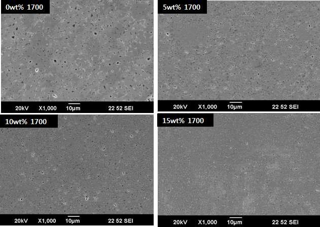 1700℃에서 소결된 ZrB2-WC sample의 조성별 SEM images
