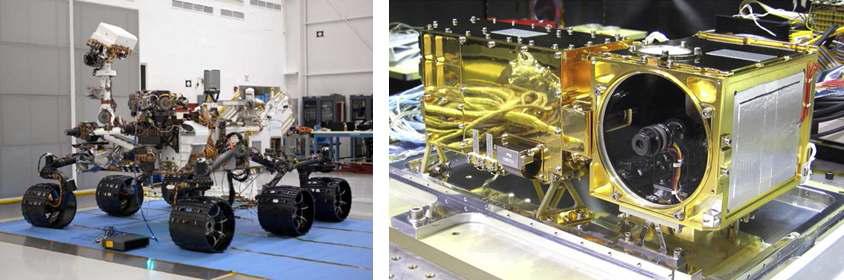 NASA의 탐사 로버 Curiosity(좌)와 원거리 분광 장비 ChemCam(우)