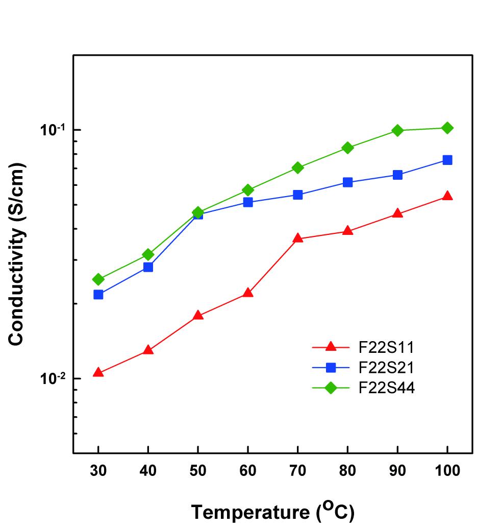 온도에 따른 수소 이온 전도도.