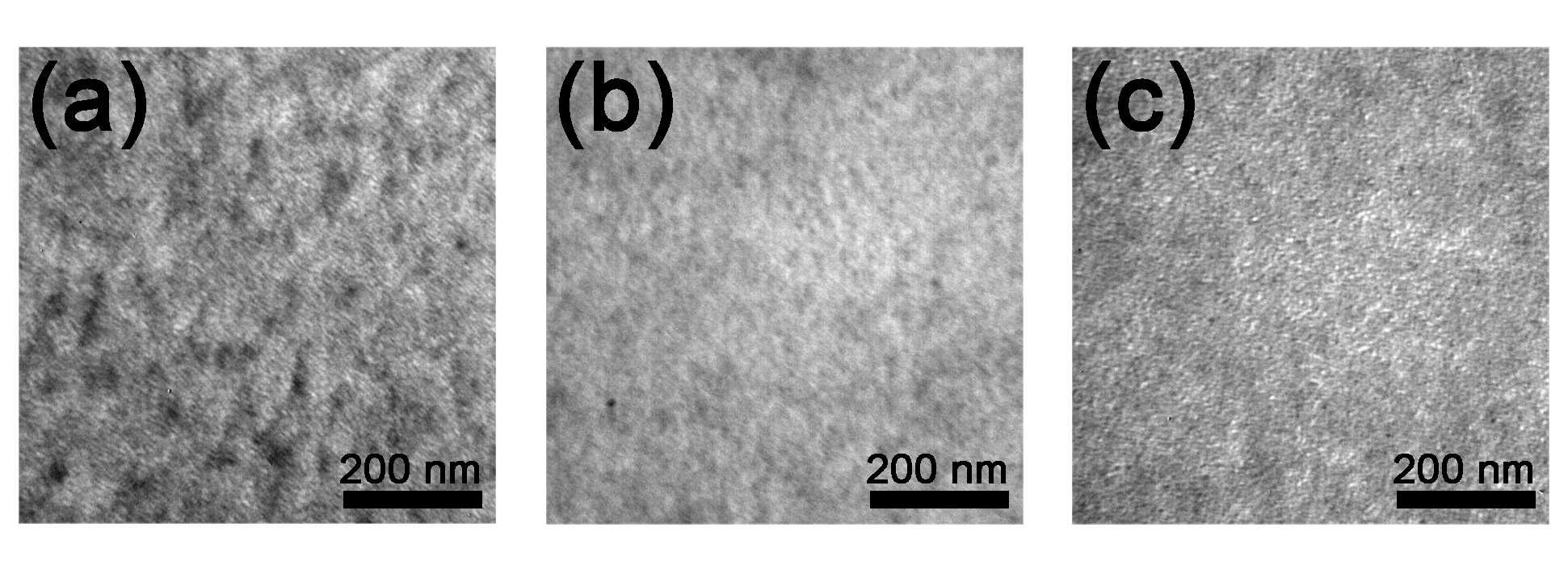 (a) PFTTz/PC71BM, (b) PCTTz/PC71BM, (c) PBTTz/PC71BM 필름의 투과전자현미경 사진.