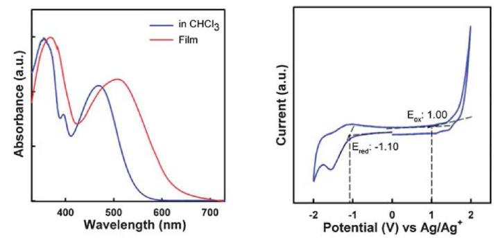 고분자의 용액/필름 상태의 흡수 스펙트럼과 cyclic voltammograms 그래프.