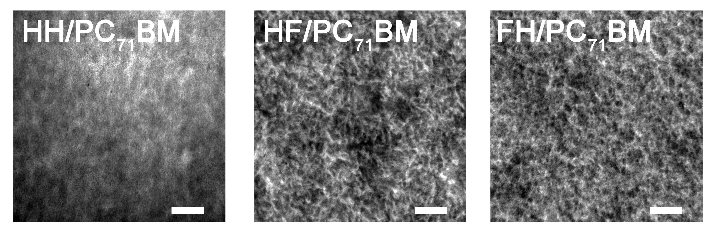 고분자/PC71BM 블렌드필름의 투과전자현미경 사진 이미지(scale bar: 200 nm).