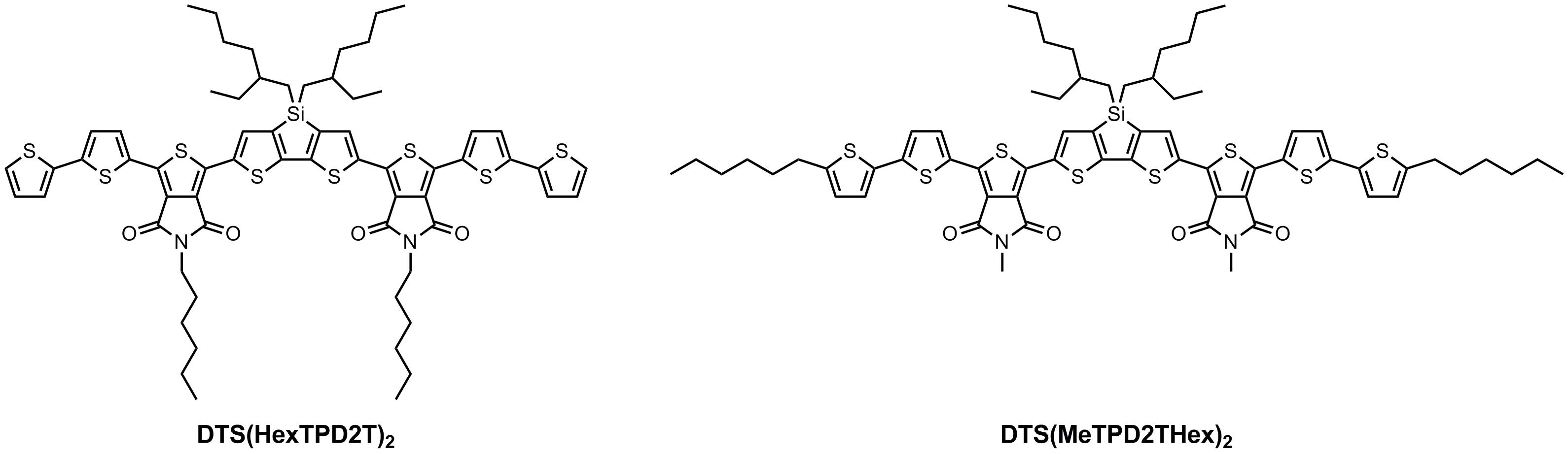 DTS(HexTPD2T)2와 DTS(MeTPD2THex)2의 화학 구조.