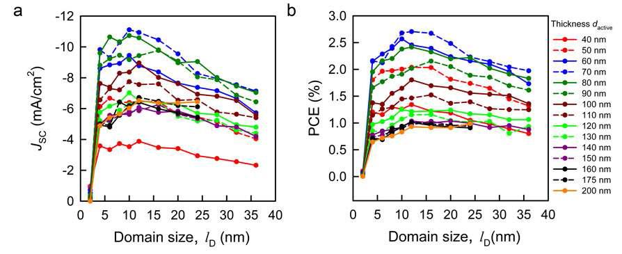 광활성층 morphology의 domain size에 따른 (a) 전류밀도와 (b) 전력변환효율.
