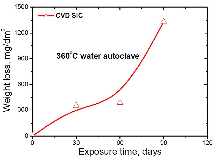 Corrosion behavior of the CVD SiC in the 360℃ water autoclave.