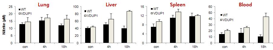 VDUP1-/-mice produce greater amounts of NO(nitrite) after LPS exposure than do those from VDUP1+/+mice