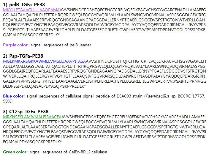 다양한 signal peptide가 결합된 TGFa-PE38