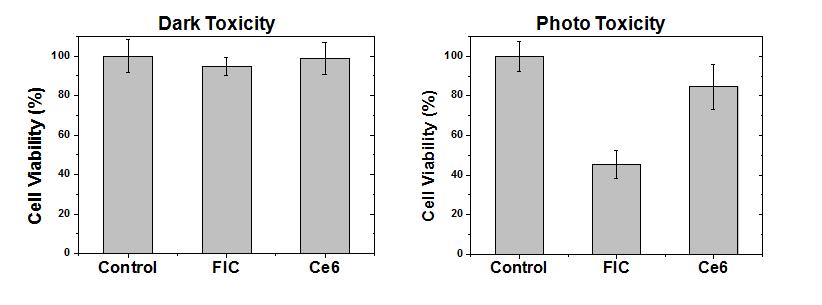MTT assay를 이용한 FIC 나노 입자와 Ce6의 유방암 세포에 대한 암독성 (dark toxicity) 및 광독성 (photo toxicity) 평가.