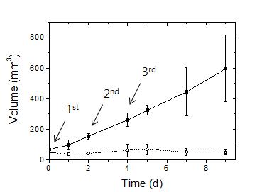 PPa 탑재 고분자 나노입자를 투여하고 광역학 치료를 시행한 암모델 쥐의 광학이미지 (상) 및 암크기 변화 과정 도시화 (하).