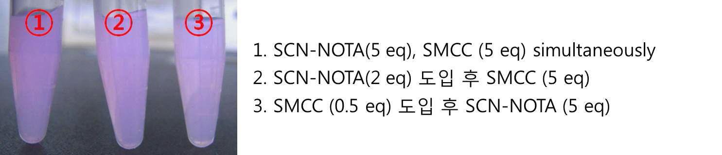 표면 개질 방법이 다른 F-silica-NOTA-PEG10,000-HER 나노입자