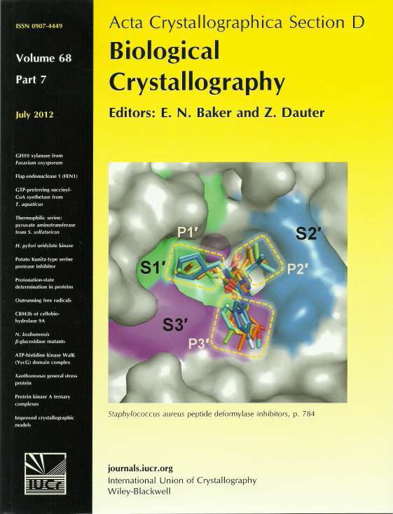 S. aureus PDF-저해제 복합체 구조 (Acta Crystallogr D Biol Crystallogr 2012년 8월호 표지그림)