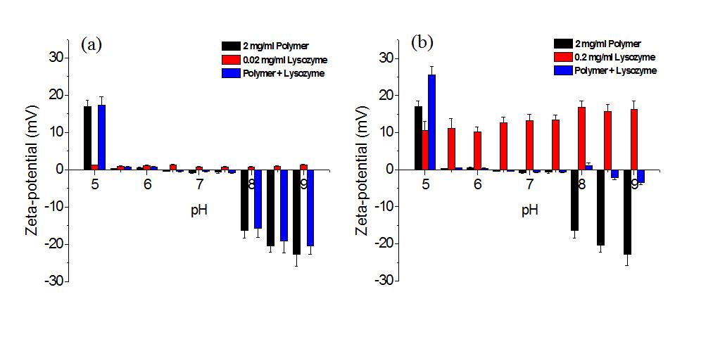 pH 변화에 따른 고분자와 (a) 0.02 mg/ml (b) 0.2 mg/ml Lysozyme 의 zeta-potential