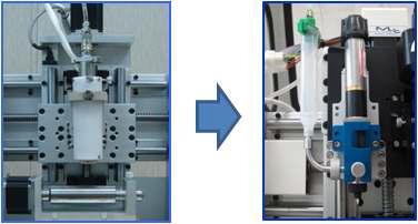 기존의 공압형 프린팅 헤드(좌) / 공압 + 스크류 복합 프린팅 헤드(우)
