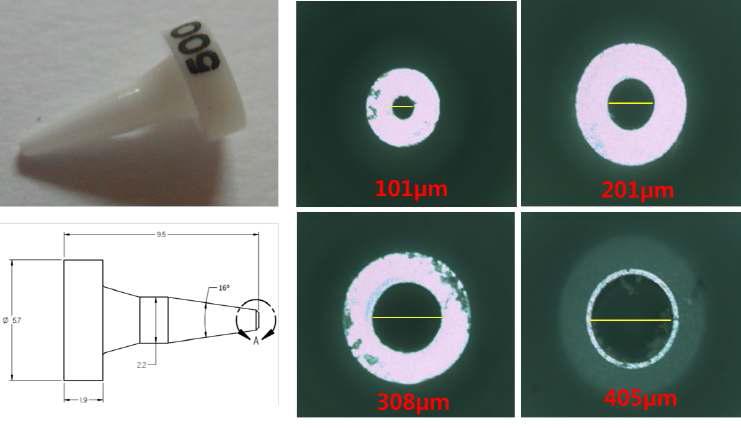 세포 프린팅 시스템 정밀 세라믹 노즐 사진/도면(좌), 내경 측정 결과(우)