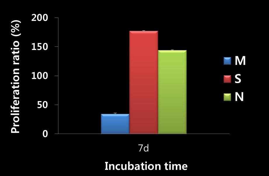 PCL + Alginate 인공지지체의 증식비율 (Proliferation ratio) 측정결과 (1일, 7일 비교)