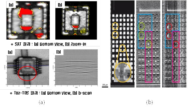THz 를 이용한 (a) 반도체 패키징 공동 검출 (출처: 한양대) 및 (b) 반도체 소자 결함 검출 이미지