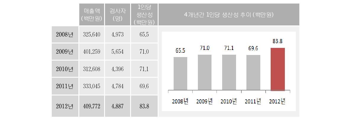 비파괴검사 매출액 대비 1인 평균 생산성