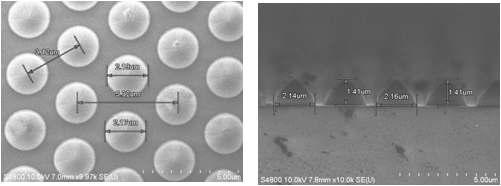 SEM을 이용해 관찰한 ICP 건식 식각을 이용해 구현된 PSS 형상과 크기