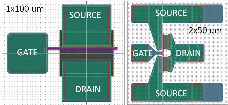 PCM 소자의 레이아웃: 1x100 ㎛ 소자(좌)와 2x50 ㎛ 소자(우)