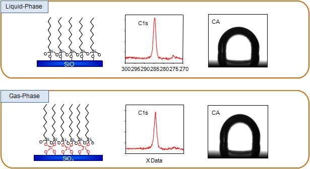 액상과 기상에서 형성된 단분자막의 XP spectra와 접촉각 비교