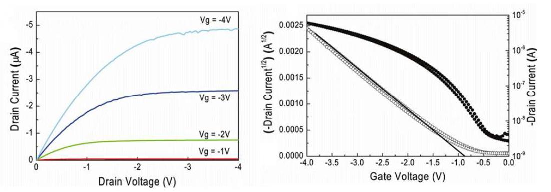 Pentacene OTFT 의 output 곡선 및 transfer 곡선