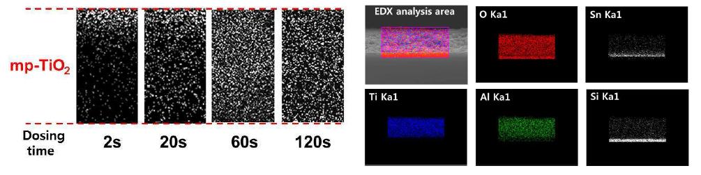TMA 노출 시간에 따른 Al 원소 분포 및 원소별 EDX 분석 이미지