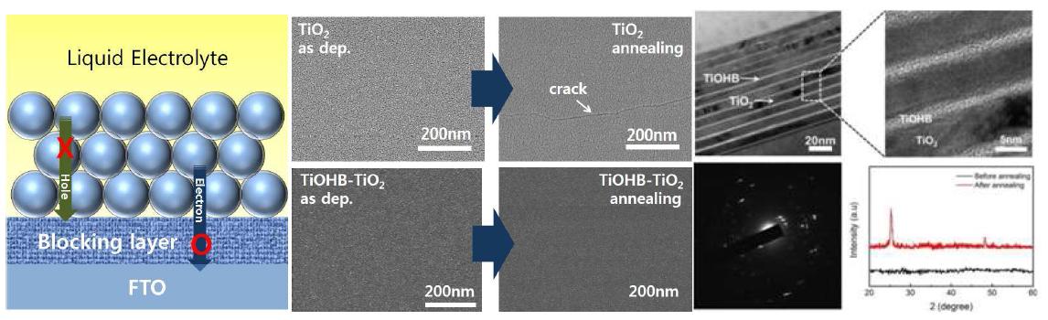 TiOHB-TiO2 blocking layer 모식도 및 열처리 전, 후 표면 SEM, TEM 이미지 및 XRD 패턴
