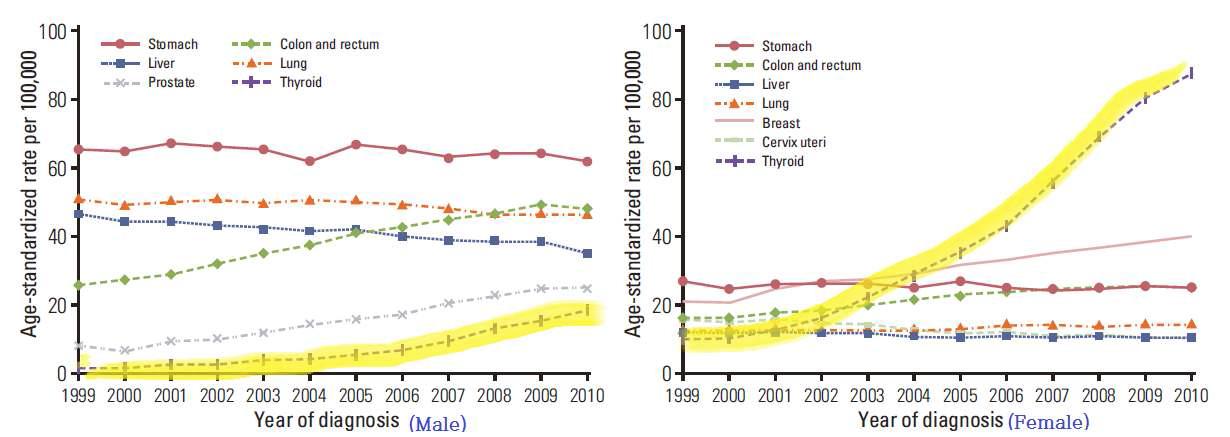 성별로 구분한 한국의 주요암 발생률 추이 1999-2010