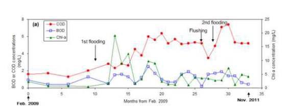 2009년 2월부터의 월별 COD, BOD, Chl-a의 변동