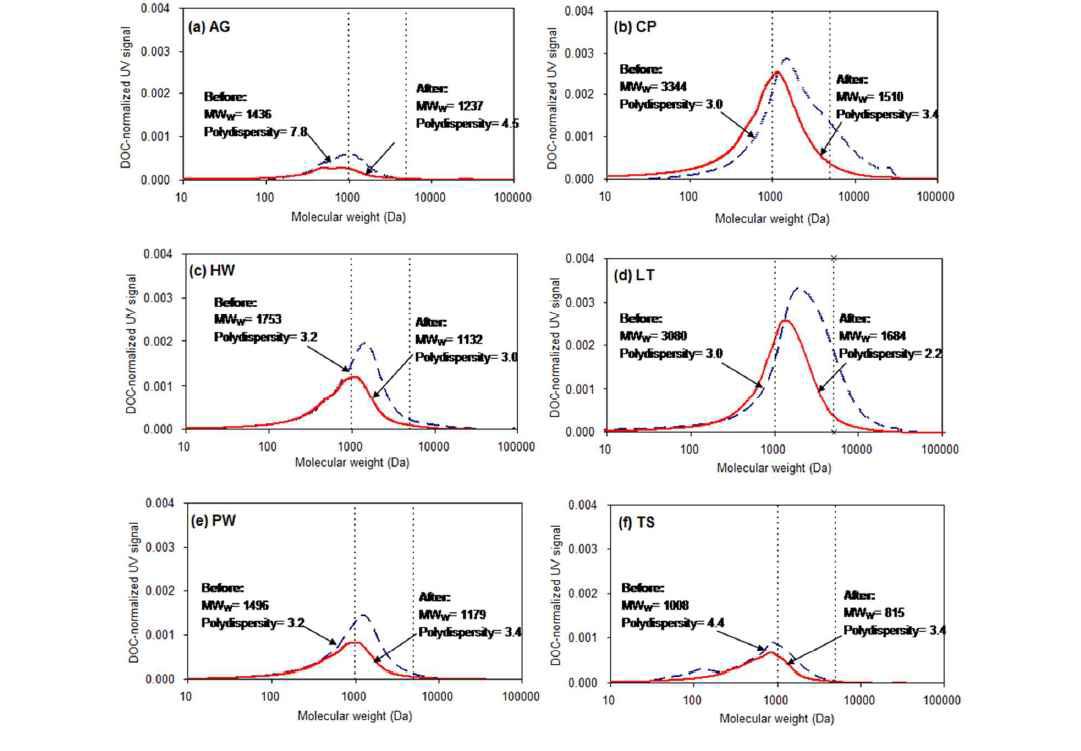 광분해 전, 후 RDOM의 분자량 분포 비교