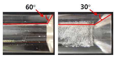 Variation of edge cutting angle at rear end (a) Test 11(60°) (b) Test 12(30°)