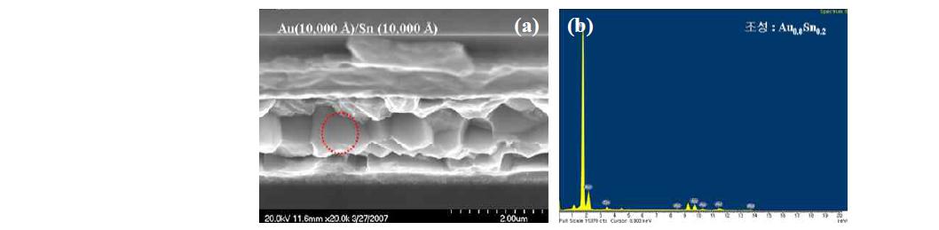 Au(1000 nm)/Sn(1000 nm)을 이용한 bonding 계면의 (a) SEM 사진과 (b) EDX 결과