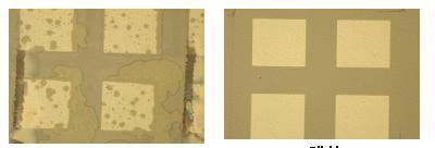 (a) 개선 전 및 (b) 개선 후 barrier 메탈과 본딩 메탈 적용시 LLO 후의 GaN 표면사진