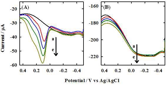 0.1 M의 KCl에 녹인 GS-Au25의 (A)도파민과 (B)아스코르빈산에 대한 전기화학적 촉매 활성을 나타낸 SWVs. a-e는 0.0, 1.0, 1.5, 2.0, 그리고 2.5 μM의 분석 물질을 나타냄.