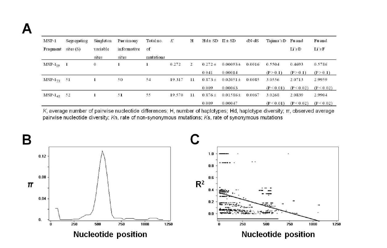 삼일열원충 국내 분리주 MSP-142의 nucleotide diversity와 자연선택 (natural selection) 분석.