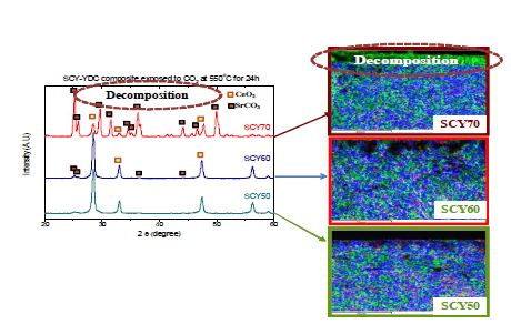 550℃에서 24시간 CO2 가스에 반응시킨 SCY-YDC 복합체의 표면 탄산화 반응