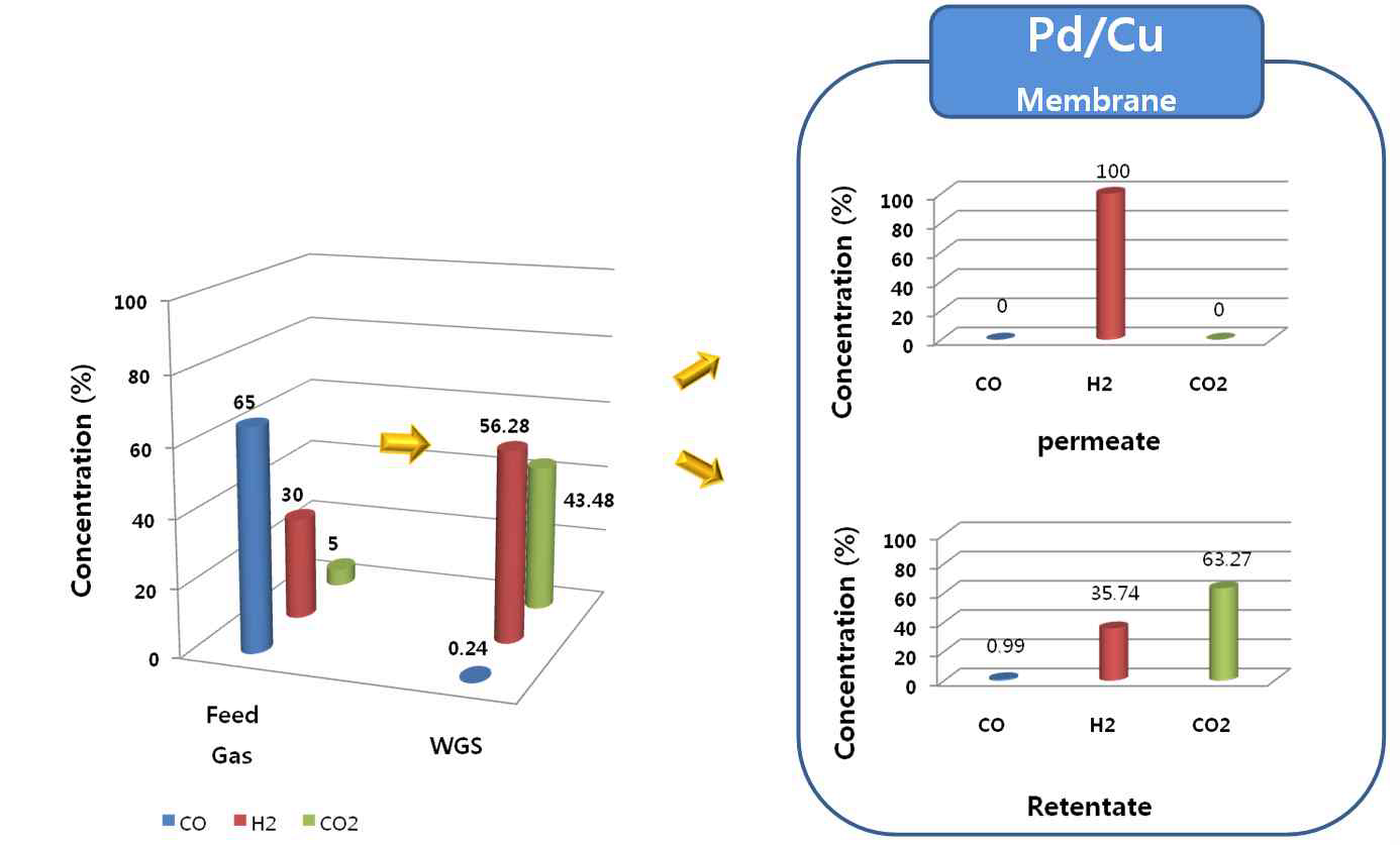 A사 분리막 모듈 이용 수성가스/분리막 연계 실험 결과