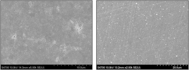 Post-polishing하기 전(좌)/후(우) FE-SEM 사진