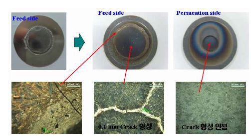 투과 실험 전후의 분리막 형상 및 crack 형성