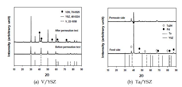 수소 투과 실험 후 분리막의 XRD 분석 결과
