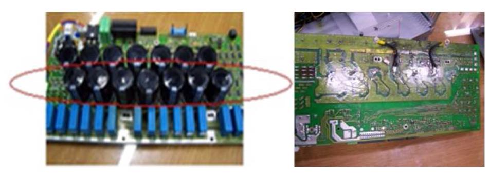 전해 커패시터의 고장 및 PCB 사고 모습