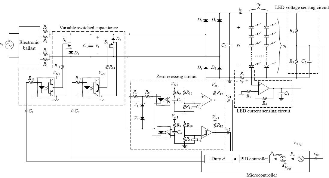 가변 스위칭 커패시터 방식을 이용한 전자식 안정기 호환형 LED 구동회로