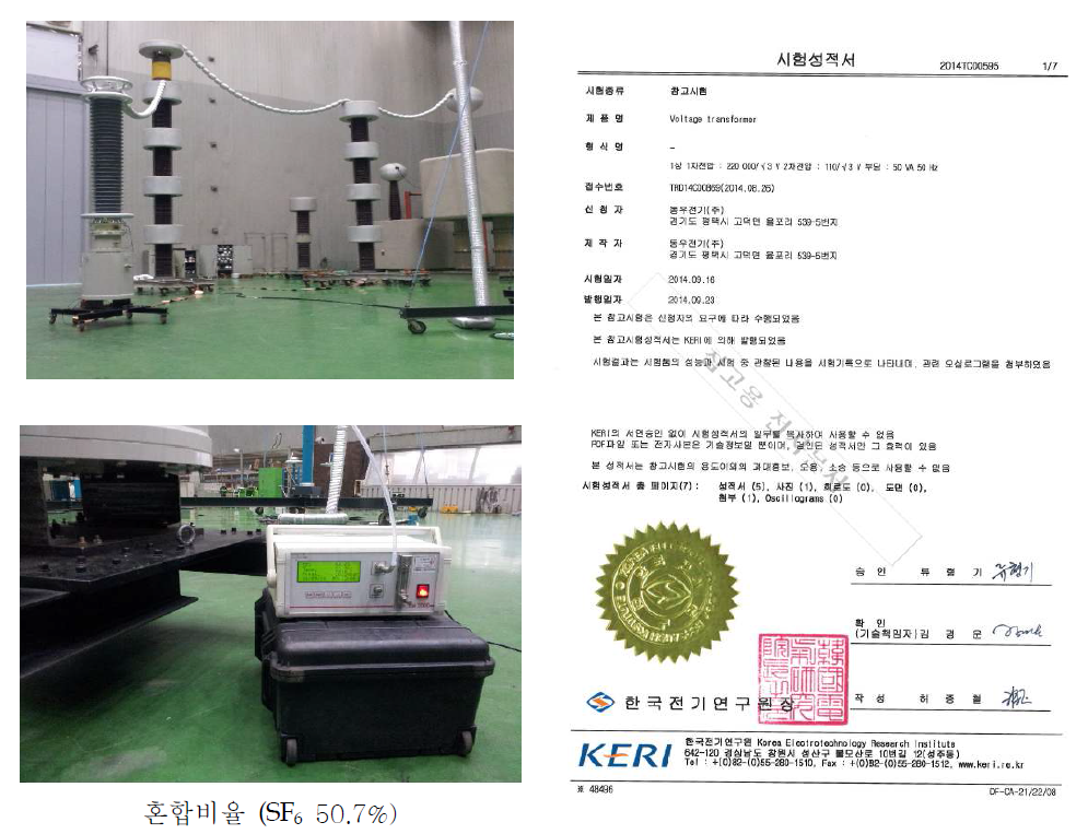 245kV VT의 부분방전 시험전경 (KERI 고전압시험실) 및 시험성적서