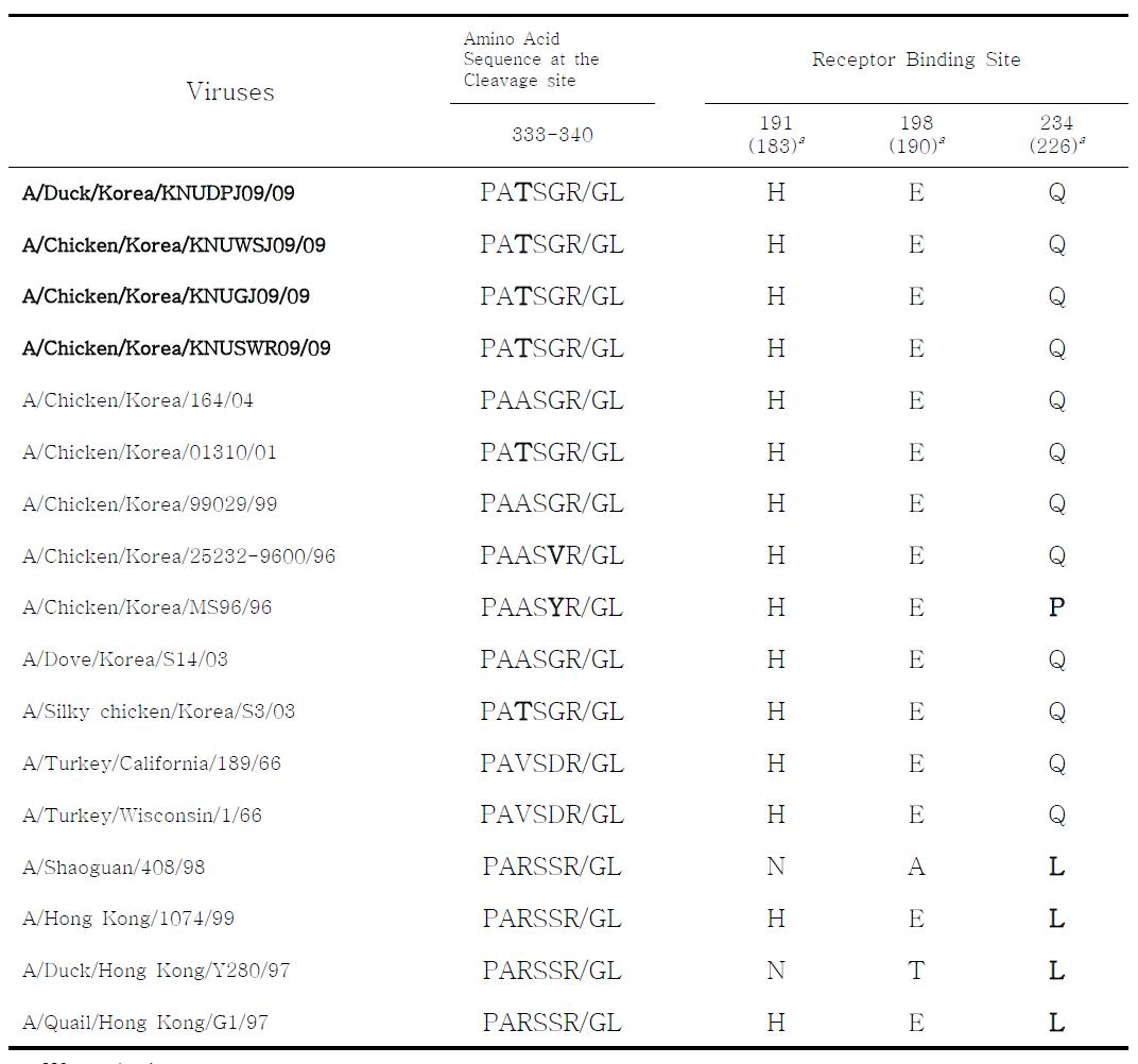 Amino acid sequence at the cleavage site and receptor binding site of HA protein