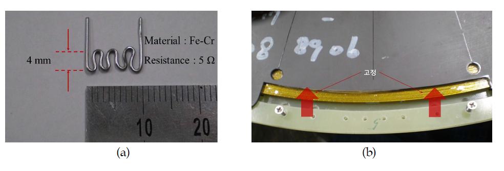 (a) 퀜치/리커버리 테스트를 위해 사용된 Fe-Cr 히터 (b) 히터 및 각종 측정 라인의 고정을 위한 FRP 블록