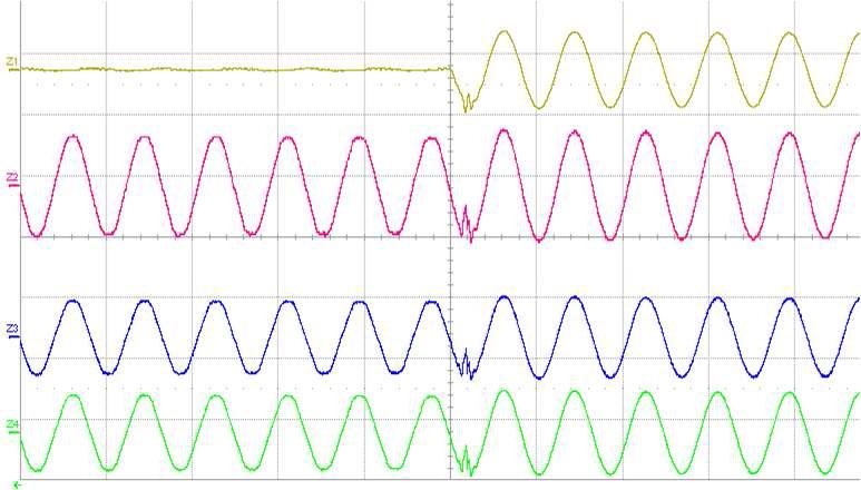복전시 DVR 정상상태 Z1 :입력 전압, Z2 : 출력 전압, Z3 : 입력 전류 Z4 :출력 전류 파형 [500V/div, 350V/div, 150A/div]